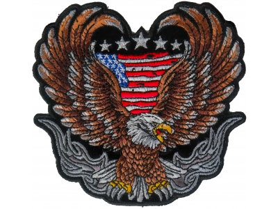 Up-winged biker eagle, with a portion of the American flag behind it