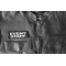 Event Staff Patch White - 4x1.5 inch - Embroidered Iron on Patch shown on leather vest
