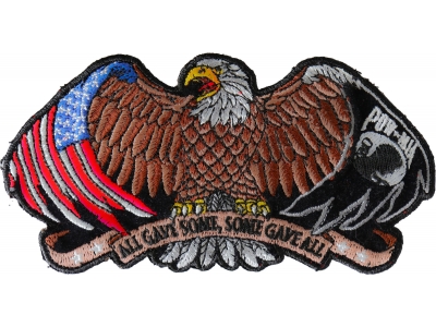 Patriotic eagle, wings spread out wide, American flag tattooed on the left, POW MIA flag on the right  