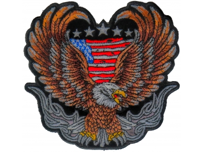 Up-winged biker eagle, with a portion of the American flag behind it