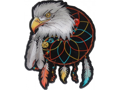 Eagle Back Patch with Feathers, Dream catcher with vibrant colored feathers hanging underneath it