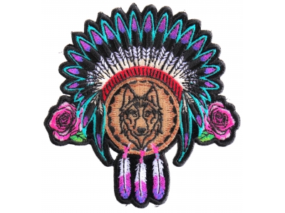 Ladies Native Head Dress Roses and Wolf Patch