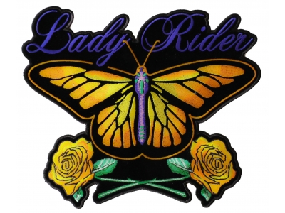 Lady Rider Butterfly And Yellow Roses Large Back Patch | Embroidered Biker Patches