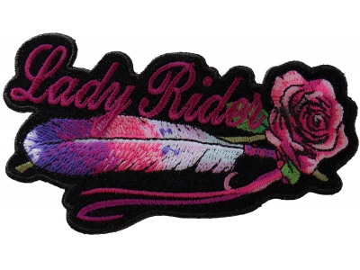 Lady Rider Pink Rose And Feathers Horizontal Small Patch | Embroidered Biker Patches