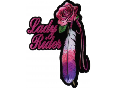 Lady Rider Pink Rose And Feathers Vertical Large Back Patch | Embroidered Biker Patches