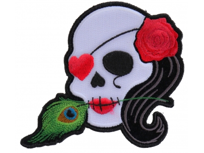 Lady Sugar Skull With Pink Rose And Feather Small Patch