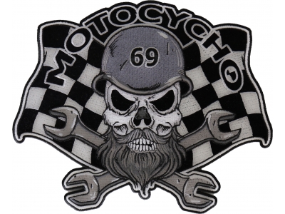 Motocycho- Bearded and helmeted skull sitting on crossed wrenches with a racing flag in the background,  Large Biker Back Patch