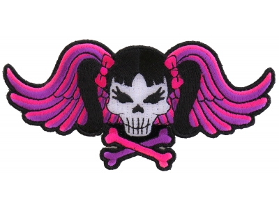 Pigtails Bow Skull And Wings Small Pink Patch | Embroidered Patches