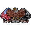 Patriotic eagle, wings spread out wide, American flag tattooed on the left, POW MIA flag on the right  