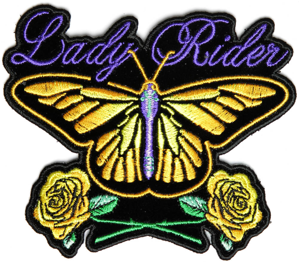 Lady Rider Butterfly With Yellow Roses Small Patch | Biker Patches ...