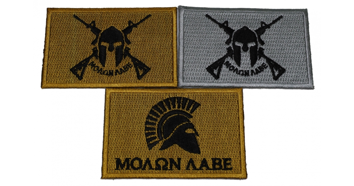 Set Of 3 Molon Labe Flag Patches In Gray And Mustard Colors Thecheapplace