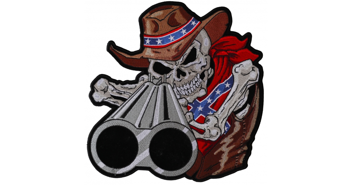 Rebel Cowboy Shotgun Skull Patch, Large Skull Patches for Biker Jackets