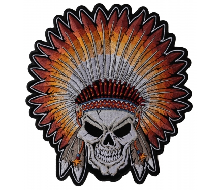 Feathered Indian Chief Head Death Skull Embroidered Sew Iron on Patch (RR-IRON-SKUL-HEAD-INDI-AN01)