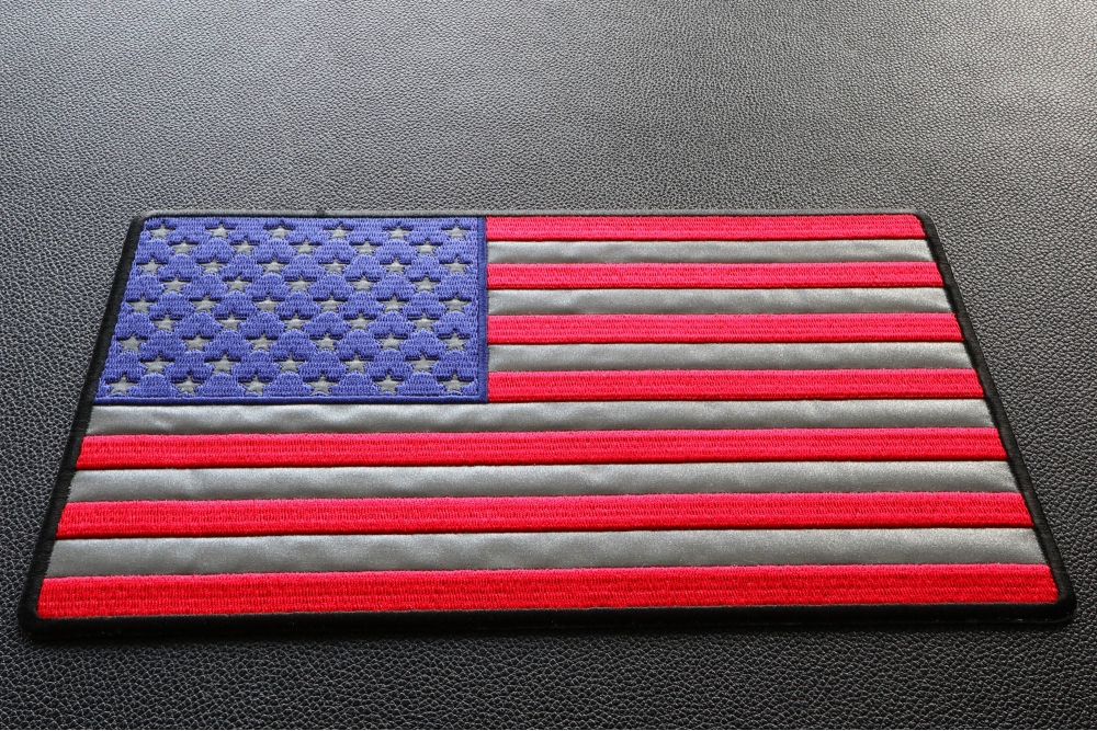 Large REFLECTIVE American Flag 10 x 6.25 iron on Back patch