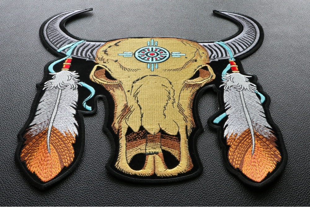 Tribal Cow Skull with Feathers and Horns - Large Patch for Jacket by ...