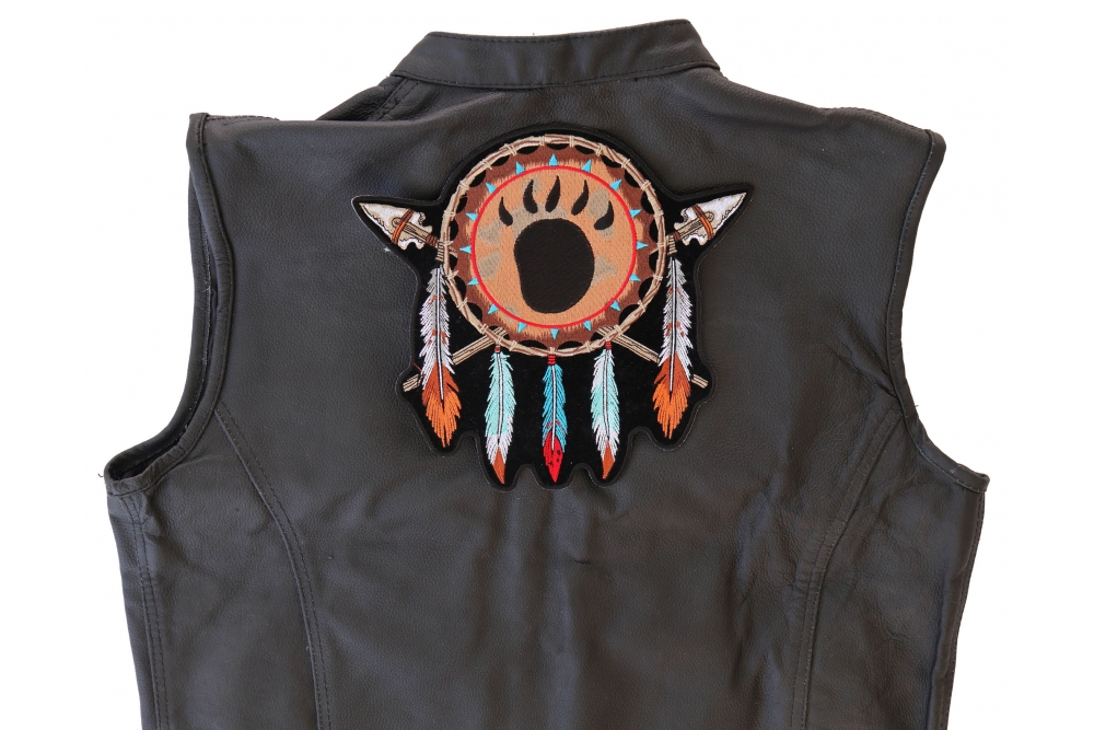 Leather Jacket With Arm Patches And Native American Back Patch As-is