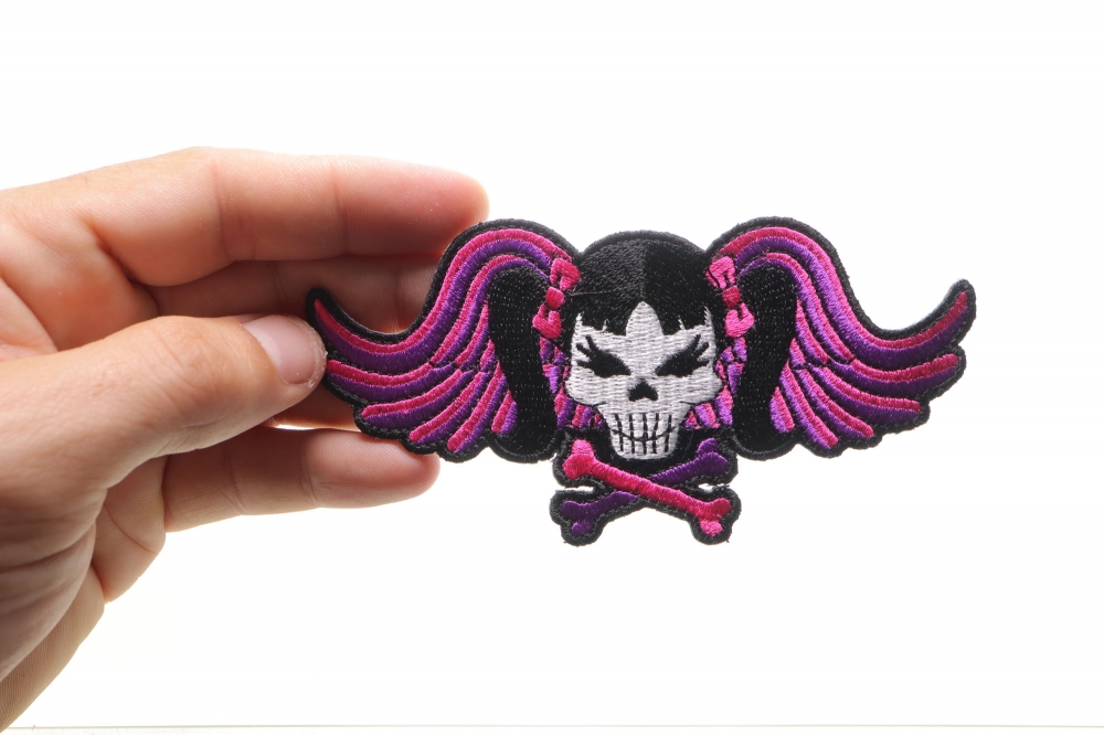 Pigtails Skull and Wings Patch, Biker Skull Patches by Ivamis Patches