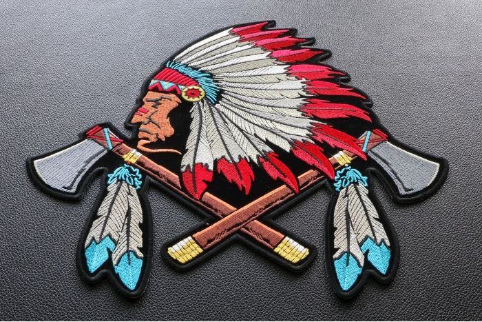 Indian Warrior with Axes Feathers and Head Dress - Jacket Patch Large ...