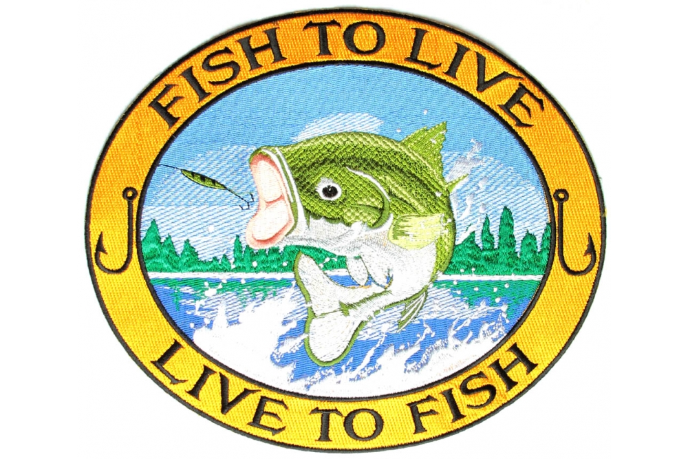 Fish to Live, Live to Fish, Bass on Hook Patch, Large Back Patches for  Vests by Ivamis Patches