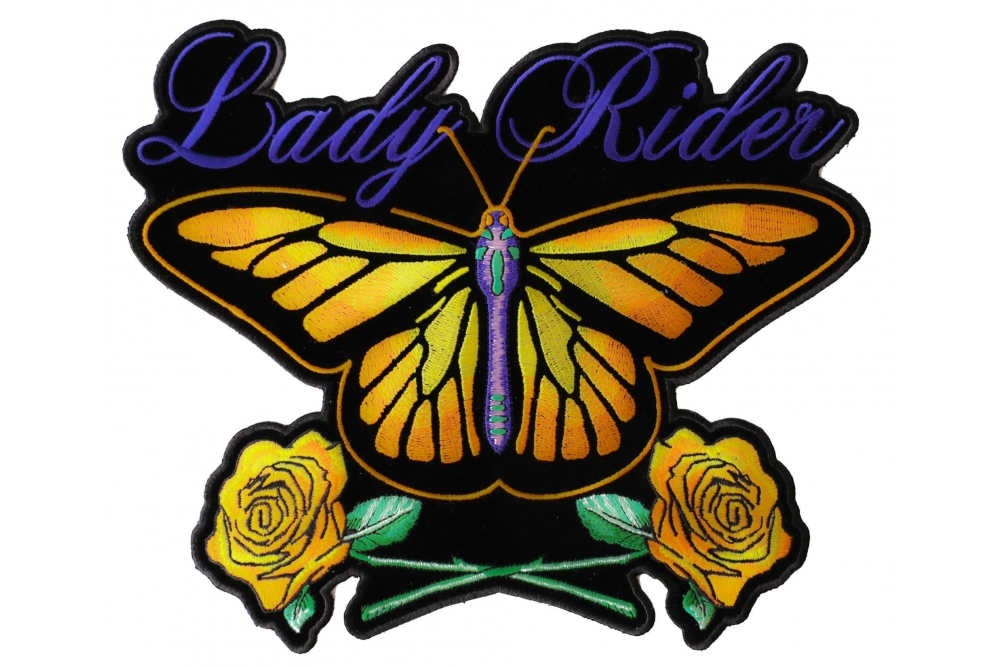 Yellow Butterfly, Lady Rider With Roses Large Back Patch | Biker ...