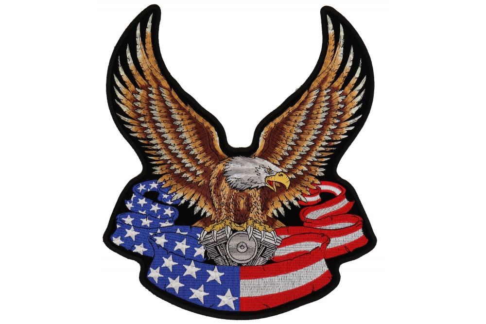 Eagle On American Flag Banner and Engine Patch Large | Eagle Patches ...