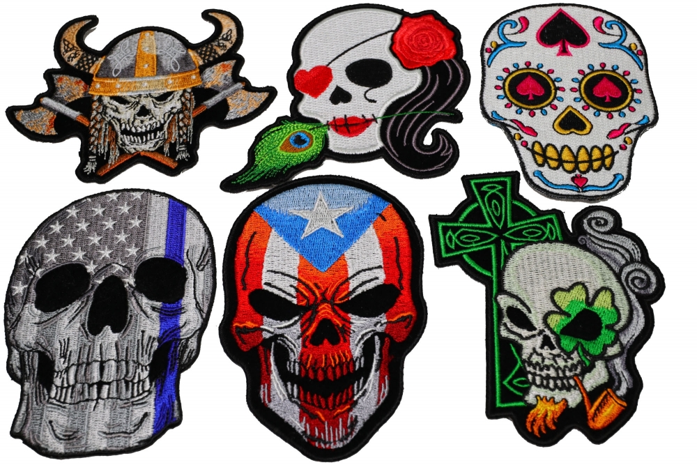 Set of 6 Colorful Embroidered Iron on Skull Patches - TheCheapPlace