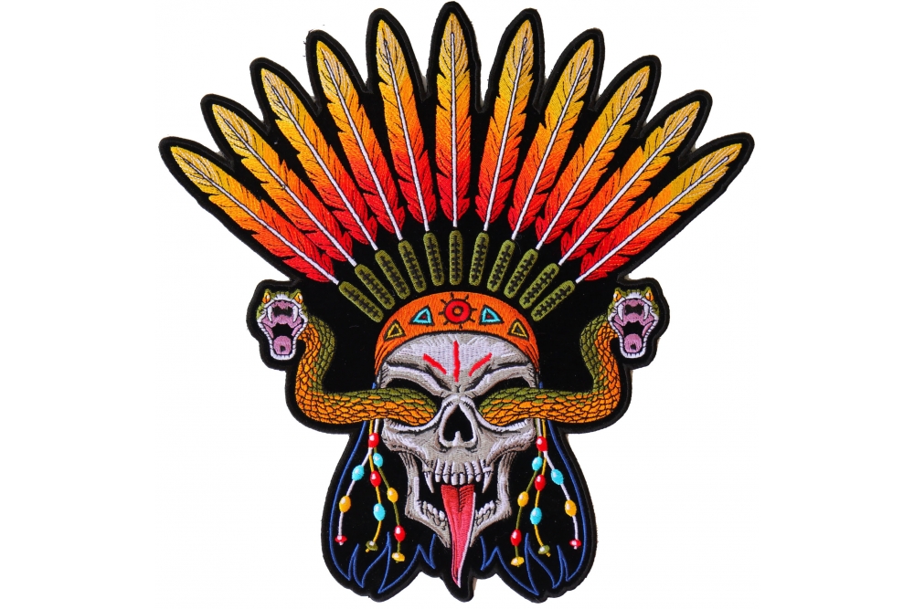 Snake Eye Skull with Feather Hat Patch, Large Indian Patches by