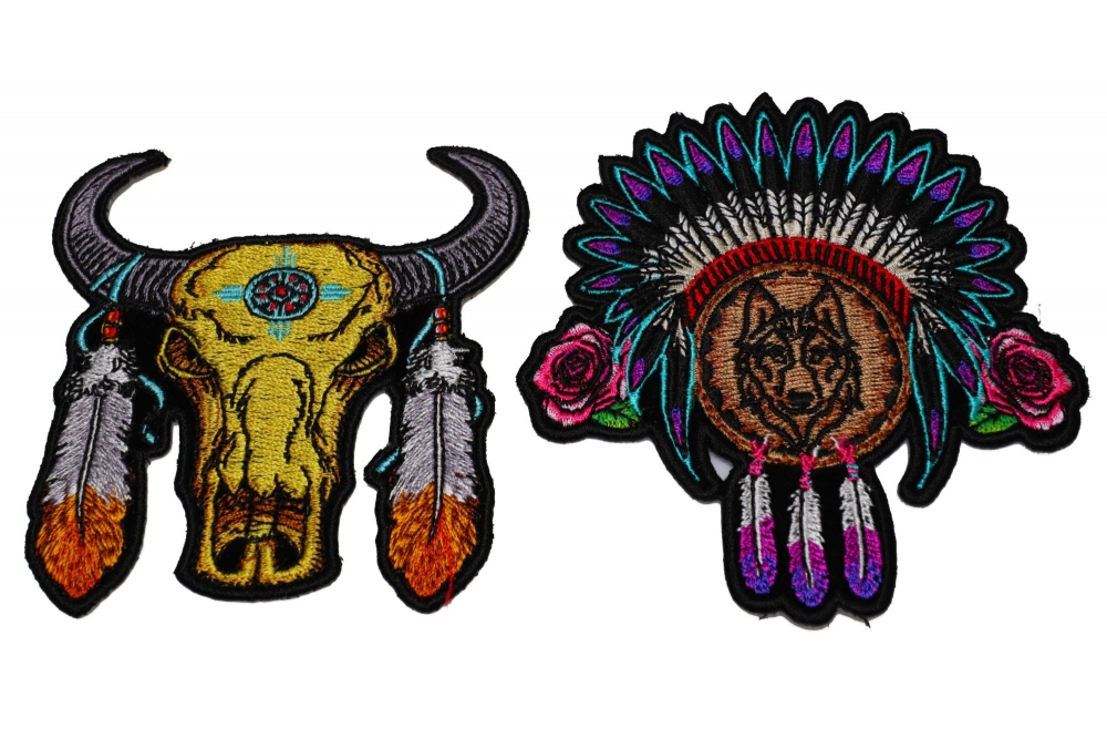 Set of 2 Native Design Wolf and Buffalo Patches with Feathers