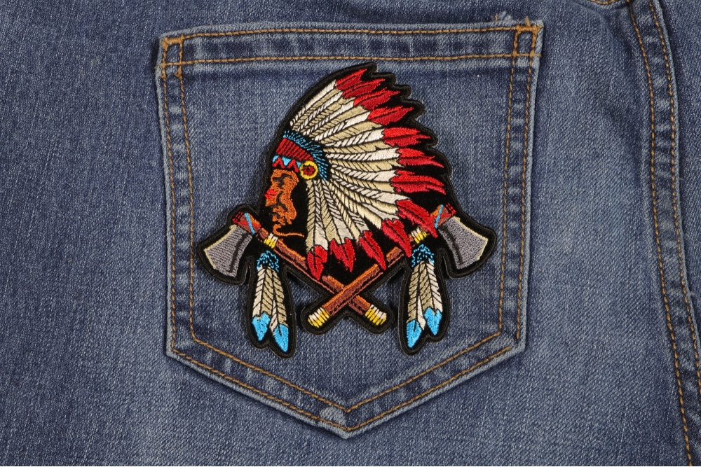 Small Indian Iron On Patch With Battle Axes and Feathers by Ivamis Patches