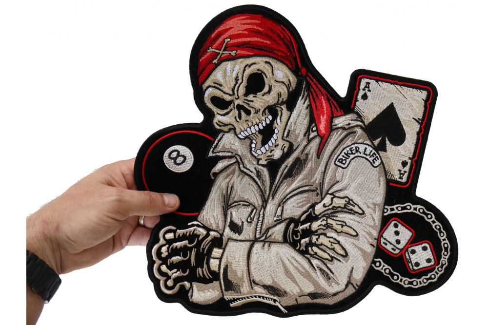 Biker Life Skull, Ace of Spades, 8 Ball and Dice Patch, Large Skull Patches for Biker Jackets